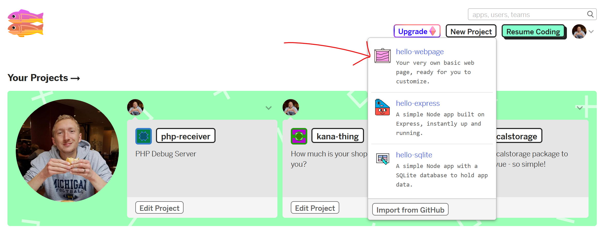 Start with hello-webpage in Glitch