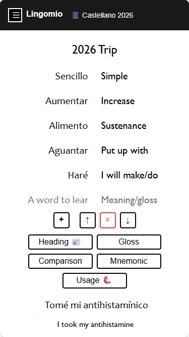 A list of entries in a lingomio book