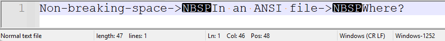 The same file from before is displayed in Notepad++. Now the non-breaking spaces show as blacked out glyphs reading "NBSP". The status bar shows an encoding of "Windows-1252".