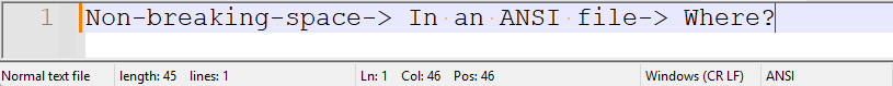 A file in Notepad++. Some words have an orange dot between them, whereas some have a totally white gap, which is a non-breaking space. The status bar shows an encoding of "ANSI".